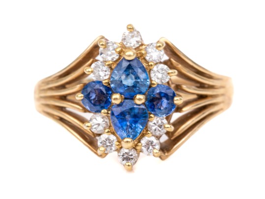 14k Yellow Gold Vintage Sapphire And Diamond Cluster Ring, App. 0.20 TCW, Size 7