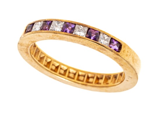 14k Yellow Gold Princess Cut Amethyst And Diamond Set Band Ring, App. 0.12 TCW, Size 6.75