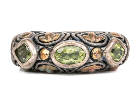 Sterling Silver And 18k Ornate Peridot Set Chunky Band Ring, Size 6.75