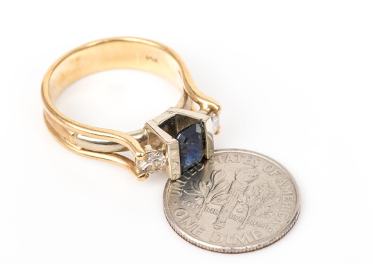14k Yellow Gold Sapphire And Diamond Three Stone Ring, App. 0.42 TCW In Diamonds, Size 7