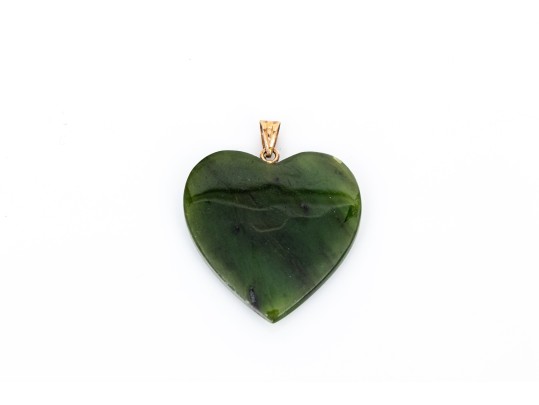 14k Yellow Gold Simple Chunky Green Nephrite Jade Heart Pendant
