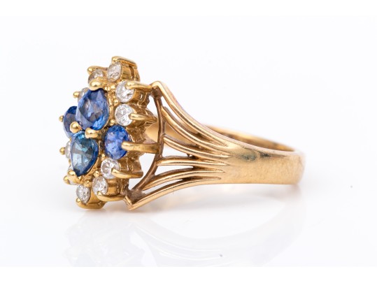 14k Yellow Gold Vintage Sapphire And Diamond Cluster Ring, App. 0.20 TCW, Size 7