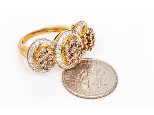 10k Yellow Gold Impactful Brown And White Diamond Cluster Dome Ring, App. 0.76 TCW, Size 6