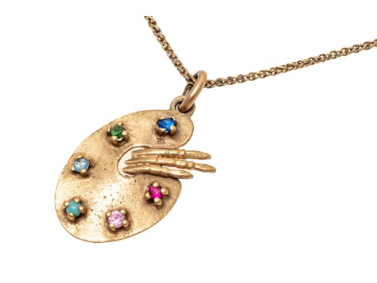 14k Yellow Gold Vintage Palette And Brush Pendant, With Chain
