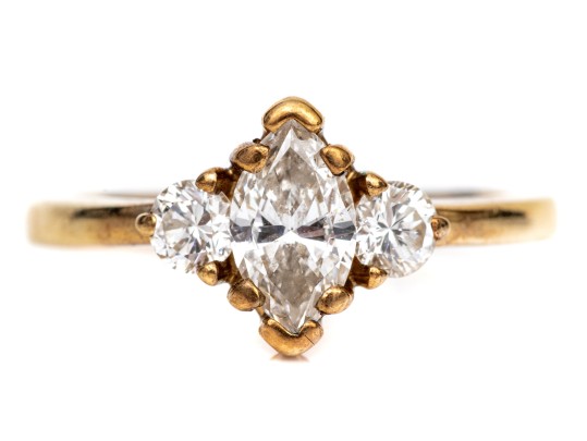 14k Yellow Gold Marquise And Round Diamond Three Stone Ring, App. 0.84 TCW, Size 6