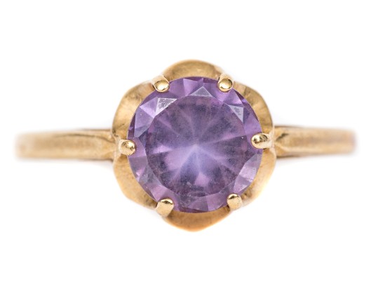 14k Yellow Gold Vintage Synthetic Purple Sapphire Solitaire Ring, Size 6.25