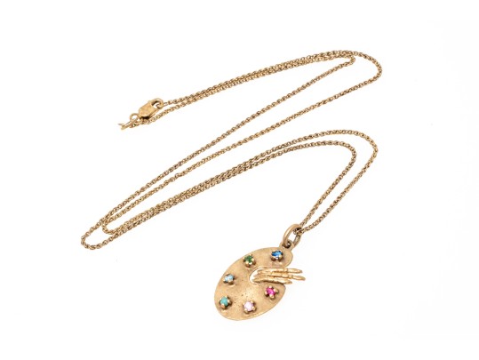 14k Yellow Gold Vintage Palette And Brush Pendant, With Chain