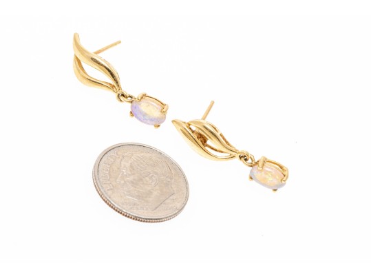 14k Yellow Gold Retro Swirl And White Opal Drop Pendant Earrings