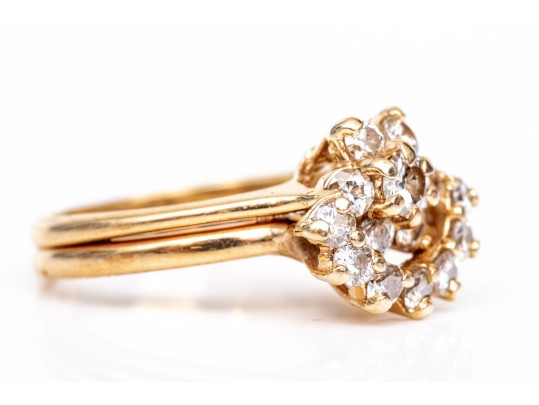 14k Yellow Gold Vintage Diamond And Guard Ring Cluster, Paired, App. 0.30 TCW, Size 5.5
