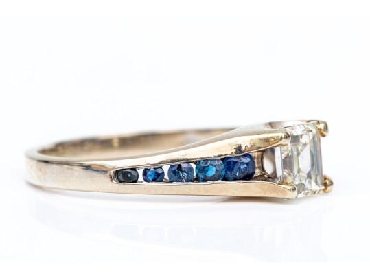 14k White Gold Asscher Cut Diamond Ring, App. 0.72 CTS, With Sapphires, Size 8.5