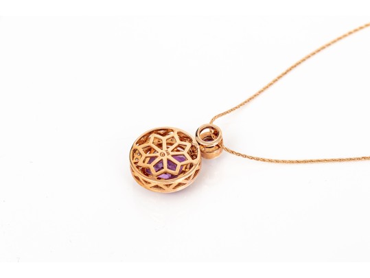 14k Rose Gold Stunning Amethyst, Diamond Halo And Tanzanite Pendant, With Chain