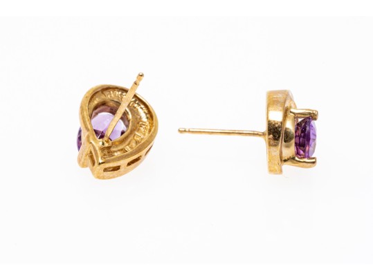 10k Yellow Gold Pear Amethyst And Diamond Set Earrings, App. 0.06 TCW