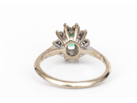 14k White Gold Emerald And Diamond Halo Ring, App. 0.10 TCW Size 3.25