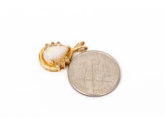 14k Yellow Gold Retro Style White Sapphire And White Opal Set Pendant