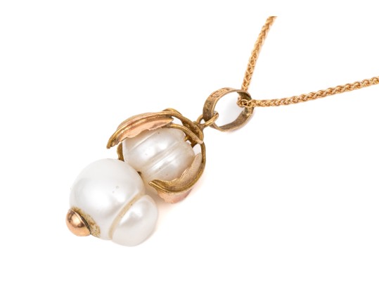 14k Yellow Gold Striking Stacked Baroque Cultured Pearl And Foliate Pendant, With Chain