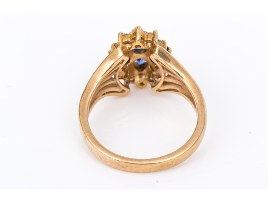 14k Yellow Gold Vintage Sapphire And Diamond Cluster Ring, App. 0.20 TCW, Size 7