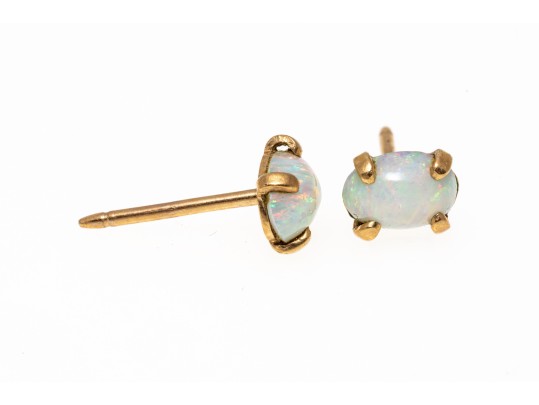 14k Yellow Gold Simple White Opal Stud Earrings