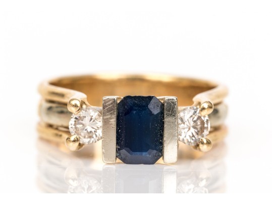 14k Yellow Gold Sapphire And Diamond Three Stone Ring, App. 0.42 TCW In Diamonds, Size 7