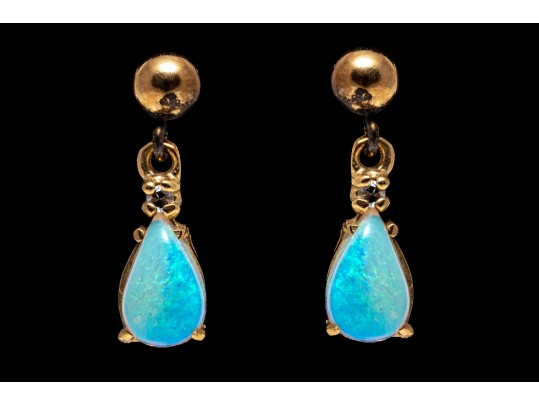 14k Yellow Gold Pretty Diamond Accented Pear White Opal Drop Pendant Earrings
