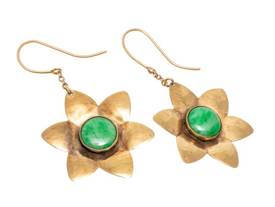 9k Yellow Gold Fun Nephrite Jade Set Chunky Flower Motif Earrings