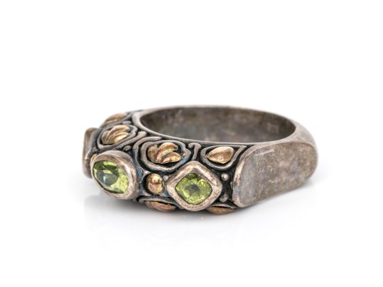 Sterling Silver And 18k Ornate Peridot Set Chunky Band Ring, Size 6.75