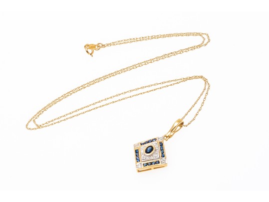 14k Yellow Gold Retro Sapphire And Diamond Set Pendant, With Chain