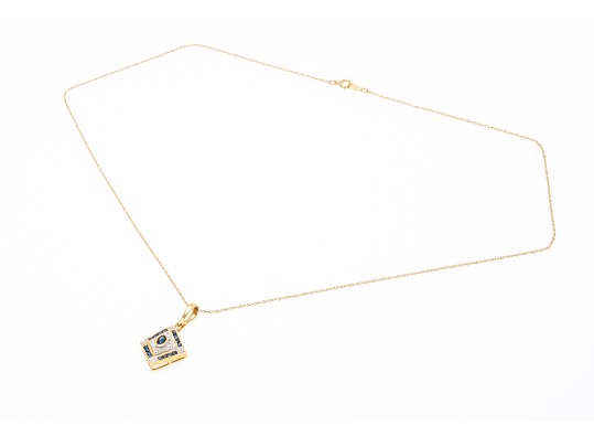 14k Yellow Gold Retro Sapphire And Diamond Set Pendant, With Chain