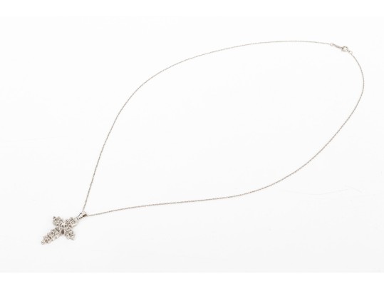14k White Gold Striking Diamond Cluster Set Cross Pendant, App. 0.29 TCW, With Chain