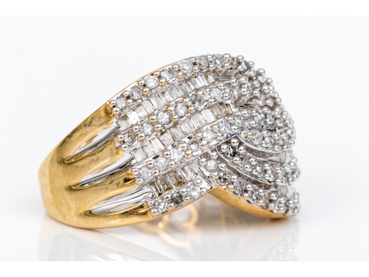14k Yellow Gold Ultra Wide Bypass Diamond Dome Ring, App. 1.24 TCW, Size 7