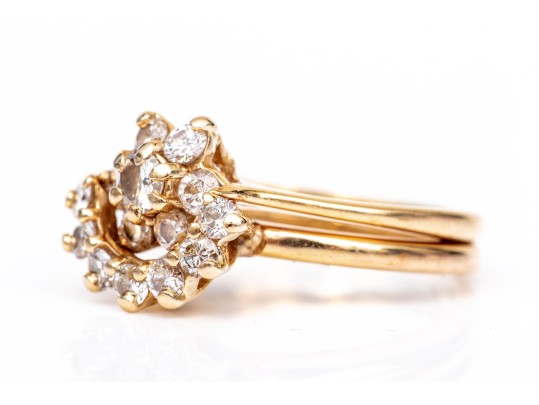 14k Yellow Gold Vintage Diamond And Guard Ring Cluster, Paired, App. 0.30 TCW, Size 5.5