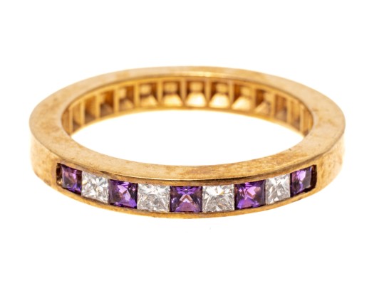 14k Yellow Gold Princess Cut Amethyst And Diamond Set Band Ring, App. 0.12 TCW, Size 6.75