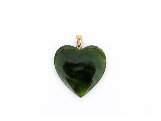 14k Yellow Gold Simple Chunky Green Nephrite Jade Heart Pendant