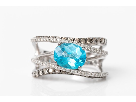 Levian 14k White Gold Blue Topaz And Diamond Ring, Diamonds App. 0.52 TCW, Size 7