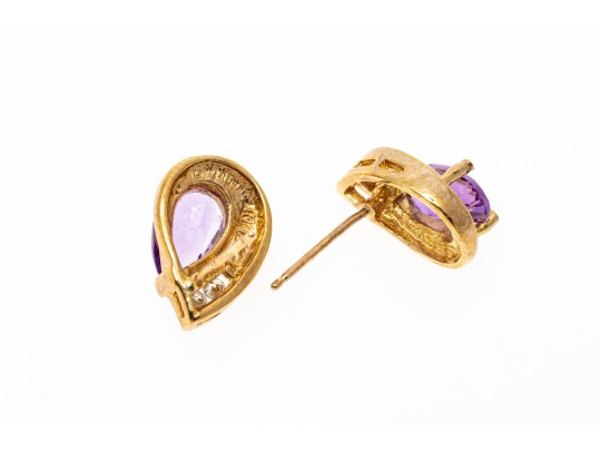 10k Yellow Gold Pear Amethyst And Diamond Set Earrings, App. 0.06 TCW