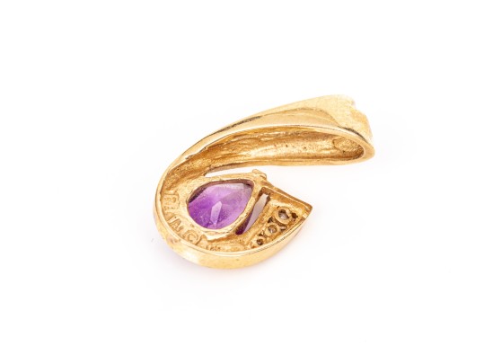 14k Yellow Gold Contemporary Pear Amethyst And Channel Diamond Swirl Pendant