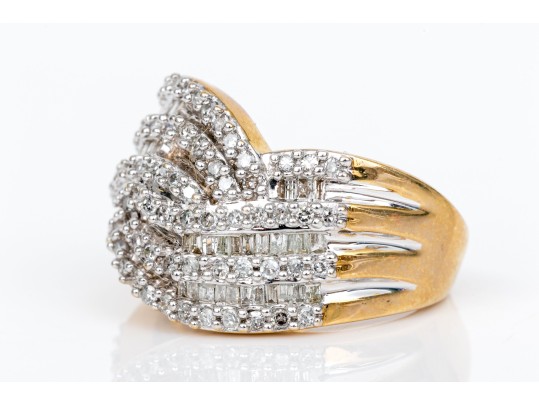 14k Yellow Gold Ultra Wide Bypass Diamond Dome Ring, App. 1.24 TCW, Size 7