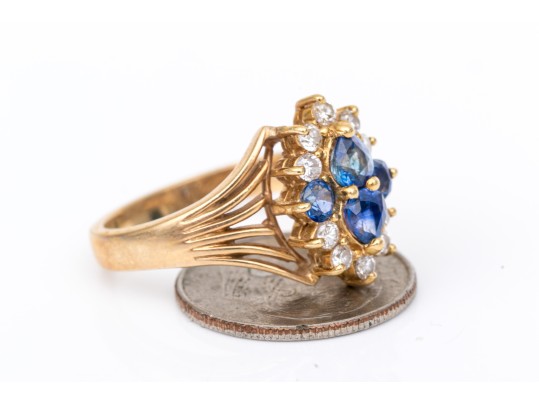 14k Yellow Gold Vintage Sapphire And Diamond Cluster Ring, App. 0.20 TCW, Size 7