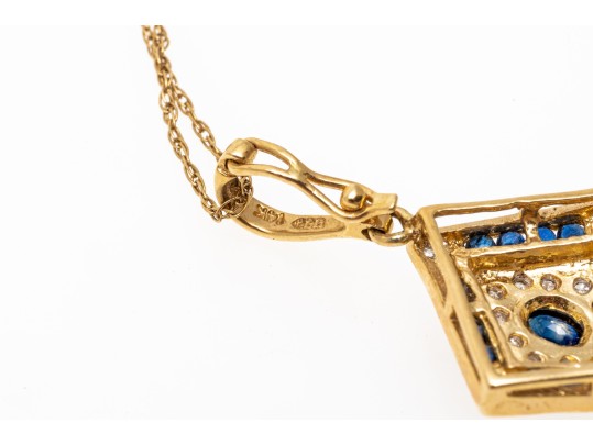 14k Yellow Gold Retro Sapphire And Diamond Set Pendant, With Chain