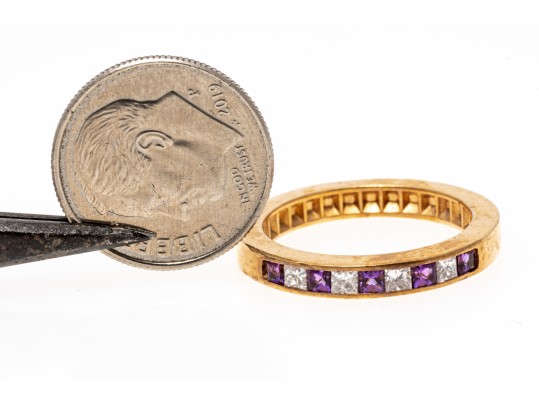 14k Yellow Gold Princess Cut Amethyst And Diamond Set Band Ring, App. 0.12 TCW, Size 6.75