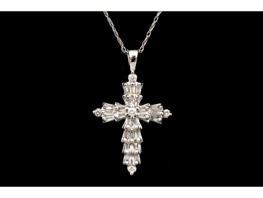 14k White Gold Striking Diamond Cluster Set Cross Pendant, App. 0.29 TCW, With Chain