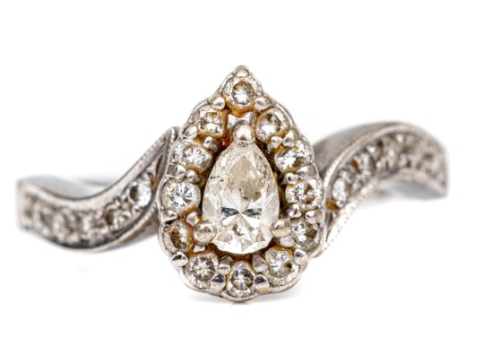 14k White Gold Pear Diamond, App. 0.16 CTS, And White Sapphire Set Ring, Size 6