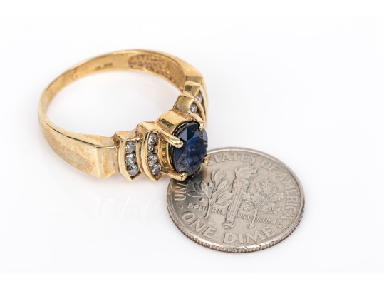 10k Yellow Gold Sapphire And Channel Diamond Set Ring, App. 0.14 TCW, Size 9