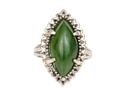 10k White Gold Marquise Cabachon Nephrite Jade Ring, Size 6