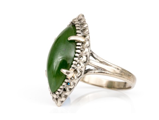 10k White Gold Marquise Cabachon Nephrite Jade Ring, Size 6