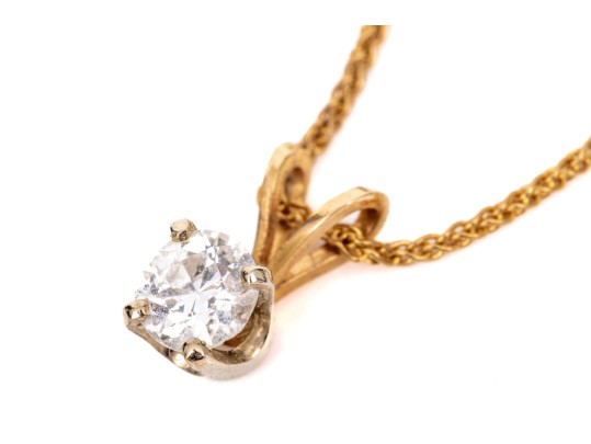 14k Yellow Gold Classic Diamond Solitaire Pendant, App. 0.19 CTS, With Chain