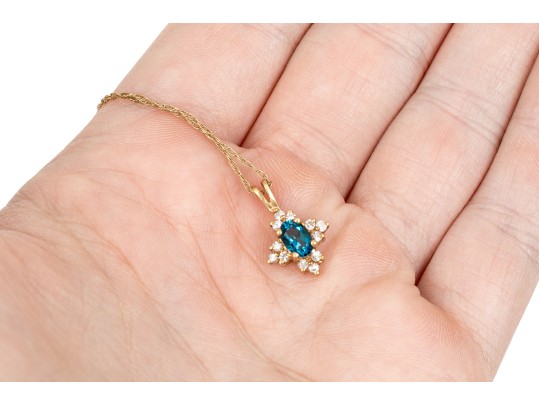 14k Yellow Gold Blue Topaz And Diamond Set Cluster Pendant With Gold Filled Chain, 0.12 TCW