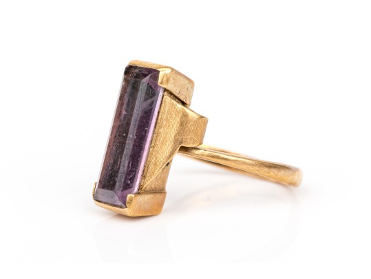 14k Yellow Gold Vintage Emerald Cut Synthetic Purple Spinel Ring, Size 3.75