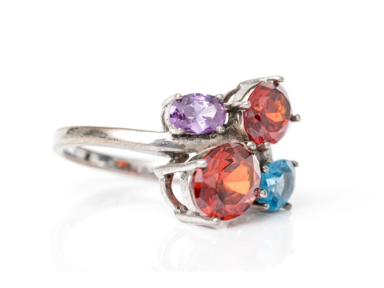 Sterling Silver Striking Colorful Cz Cluster Ring, Size 7.25