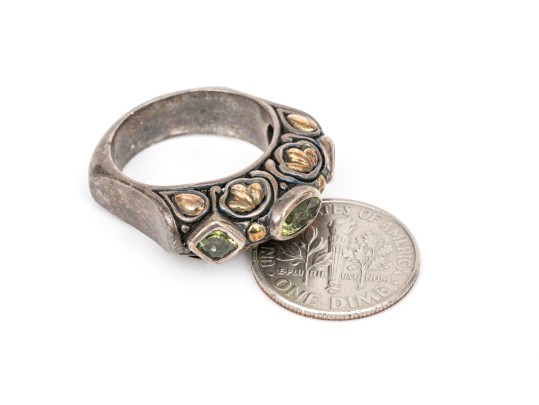Sterling Silver And 18k Ornate Peridot Set Chunky Band Ring, Size 6.75