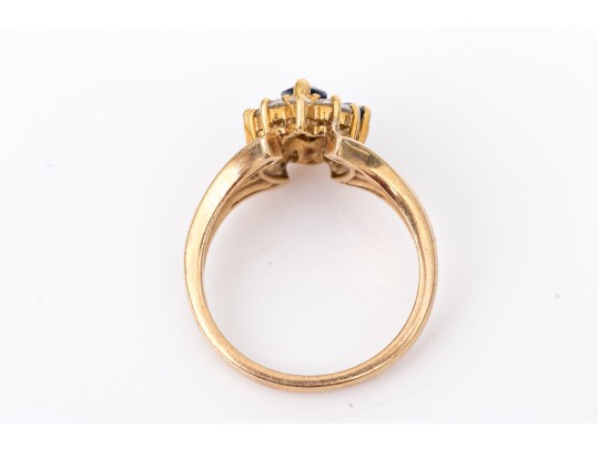 14k Yellow Gold Vintage Sapphire And Diamond Cluster Ring, App. 0.20 TCW, Size 7